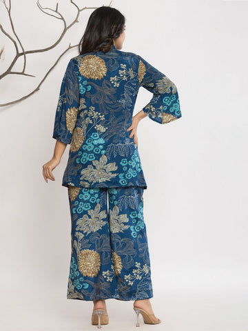 Varanga Women Floral Printed Front Placket Shirt with Flared Palazzo